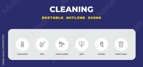 outline cleaning icons set - clean room, neat, glass cleaner. editable vector for web and mobile ui