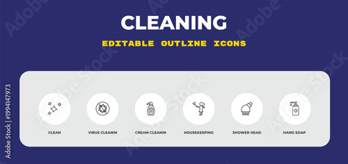 outline cleaning icons set - clean, virus cleanin, cream cleanin. editable vector for web and mobile ui
