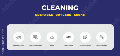 outline cleaning icons set - garbage truck, compress cleanin, liquid. editable vector for web and mobile ui