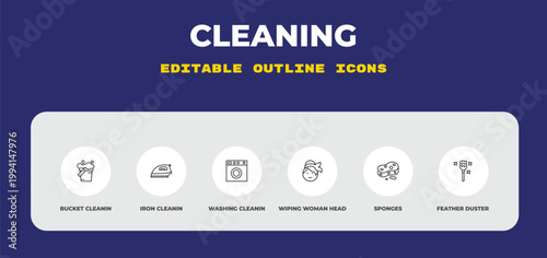 outline cleaning icons set - bucket cleanin, iron cleanin, washing cleanin. editable vector for web and mobile ui