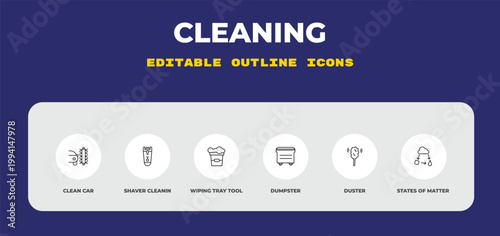 outline cleaning icons set - clean car, shaver cleanin, wiping tray tool. editable vector for web and mobile ui
