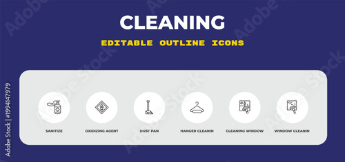 outline cleaning icons set - sanitize, oxidizing agent, dust pan. editable vector for web and mobile ui