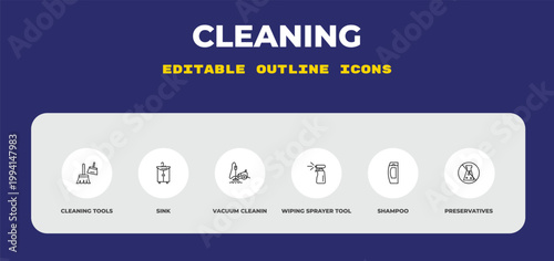 outline cleaning icons set - cleaning tools, sink, vacuum cleanin. editable vector for web and mobile ui