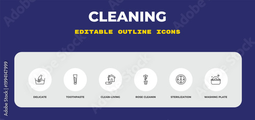 outline cleaning icons set - delicate, toothpaste, clean-living. editable vector for web and mobile ui