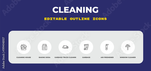 outline cleaning icons set - cleaning house, baking soda, garbage truck cleanin. editable vector for web and mobile ui