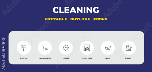 outline cleaning icons set - dusting, lawn mower, leaves. editable vector for web and mobile ui