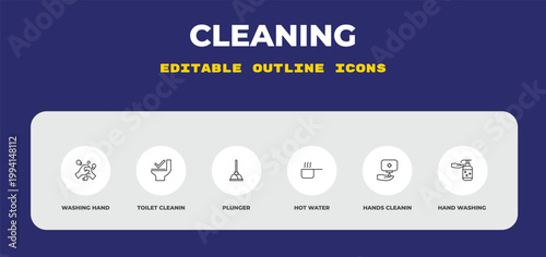 outline cleaning icons set - washing hand, toilet cleanin, plunger. editable vector for web and mobile ui