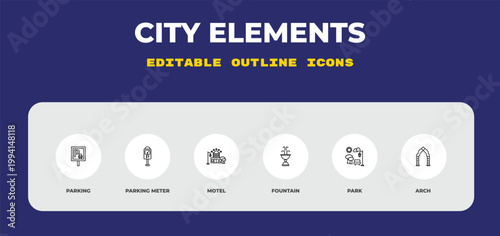 outline city elements icons set - parking, parking meter, motel. editable vector for web and mobile ui