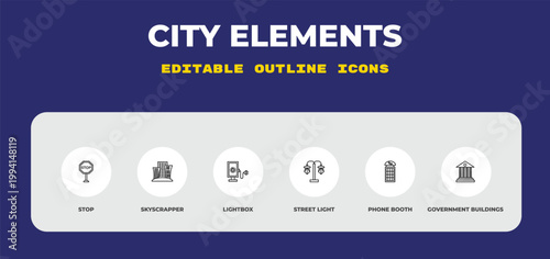outline city elements icons set - stop, skyscrapper, lightbox. editable vector for web and mobile ui