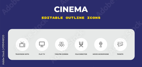 outline cinema icons set - television with antenna, flat tv, theatre screen. editable vector for web and mobile ui