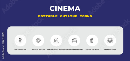 outline cinema icons set - old projector, big play button, cinema ticket window. editable vector for web and mobile ui