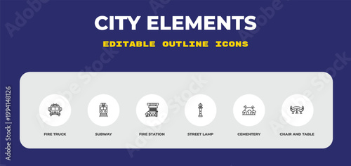 outline city elements icons set - fire truck, subway, fire station. editable vector for web and mobile ui