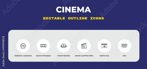 outline cinema icons set - parental guidance, image fotogram, home theater. editable vector for web and mobile ui