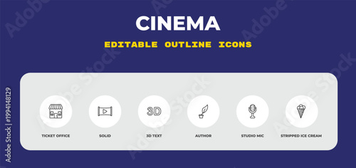 outline cinema icons set - ticket office, solid, 3d text. editable vector for web and mobile ui