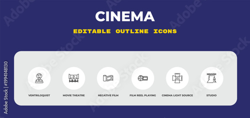 outline cinema icons set - ventriloquist, movie theatre, negative film. editable vector for web and mobile ui