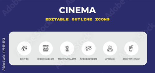 outline cinema icons set - jimmy jib, cinema snack bar, trophy with a star. editable vector for web and mobile ui