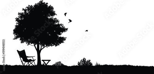 Tree silhouette with chair and birds, peaceful nature outdoor scene vector illustration
