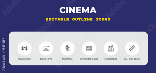 outline cinema icons set - movie award, online movie, cameraman. editable vector for web and mobile ui