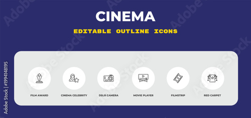 outline cinema icons set - film award, cinema celebrity, dslr camera. editable vector for web and mobile ui