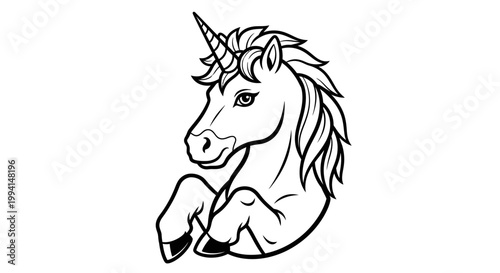 Black and white unicorn head line art vector illustration