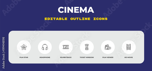 outline cinema icons set - film star, headphone, soundtrack. editable vector for web and mobile ui