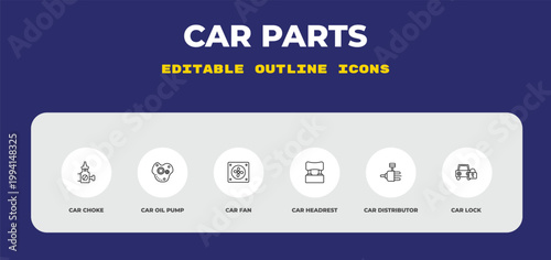outline car parts icons set - car choke, car oil pump, fan. editable vector for web and mobile ui