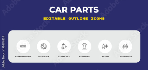 outline car parts icons set - car numberplate, car ignition, fan belt. editable vector for web and mobile ui