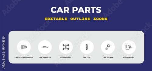 outline car parts icons set - car reversing light, car silencer, chassis. editable vector for web and mobile ui