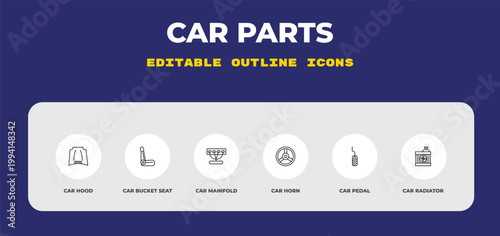 outline car parts icons set - car hood, car bucket seat, manifold. editable vector for web and mobile ui