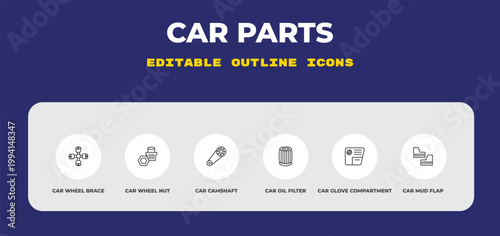 outline car parts icons set - car wheel brace, car wheel nut, camshaft. editable vector for web and mobile ui