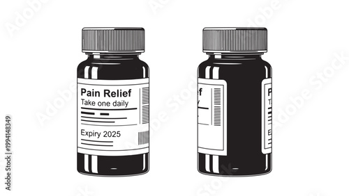 Monochrome line art illustration of a pain relief medicine bottle, clearly displaying daily dosage instructions and expiry date, presented in two distinct views.