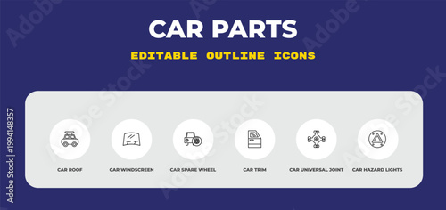 outline car parts icons set - car roof, car windscreen, spare wheel. editable vector for web and mobile ui