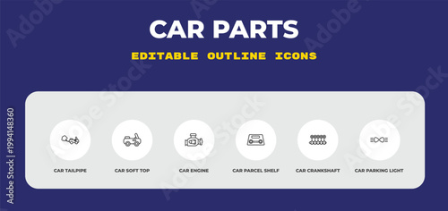 outline car parts icons set - car tailpipe, car soft top, engine. editable vector for web and mobile ui