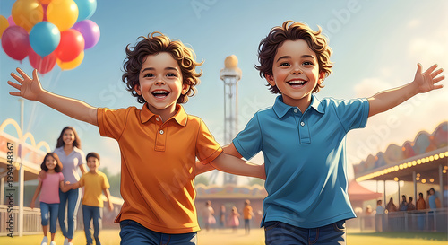 Two happy boys running at an amusement park with colorful balloons