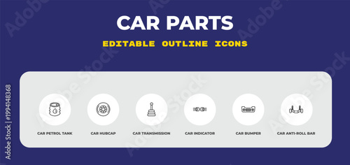 outline car parts icons set - car petrol tank, car hubcap, transmission. editable vector for web and mobile ui