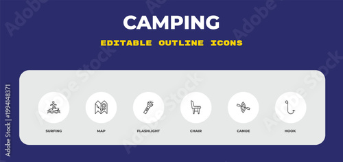 outline camping icons set - surfing, map, flashlight. editable vector for web and mobile ui