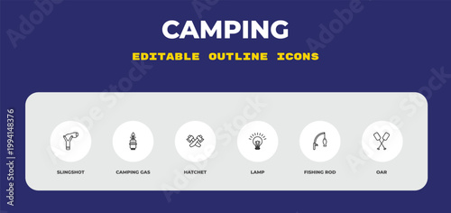 outline camping icons set - slingshot, camping gas, hatchet. editable vector for web and mobile ui