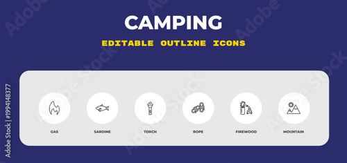 outline camping icons set - gas, sardine, torch. editable vector for web and mobile ui