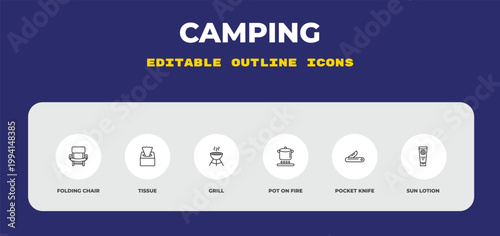 outline camping icons set - folding chair, tissue, grill. editable vector for web and mobile ui