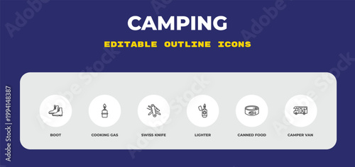 outline camping icons set - boot, cooking gas, swiss knife. editable vector for web and mobile ui