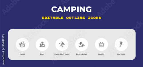 outline camping icons set - picnic, boat, swiss army knife. editable vector for web and mobile ui