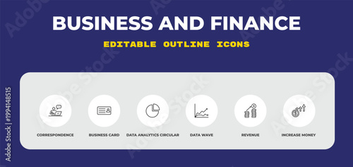 outline business and finance icons set - correspondence, business card, data analytics circular. editable vector for web and mobile ui
