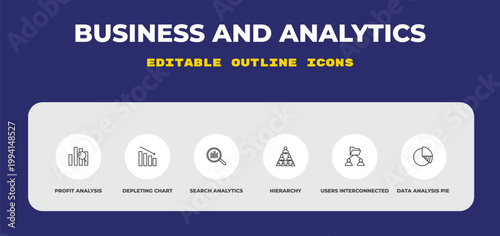 outline business and analytics icons set - profit analysis, depleting chart, search analytics. editable vector for web and mobile ui