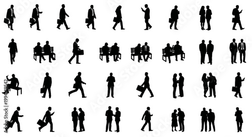 diverse collection of black silhouette people in various business and casual poses
