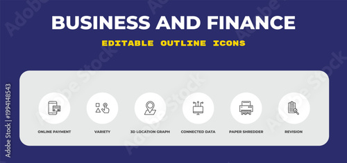 outline business and finance icons set - online payment, variety, 3d location graph. editable vector for web and mobile ui