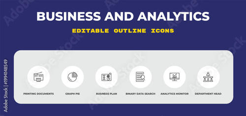outline business and analytics icons set - printing documents, graph pie, business plan. editable vector for web and mobile ui