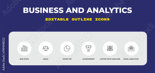outline business and analytics icons set - bar stats, legal, chart pie. editable vector for web and mobile ui