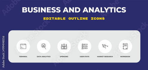 outline business and analytics icons set - terminal, data analytics, spending. editable vector for web and mobile ui