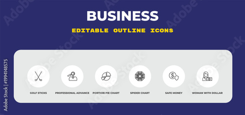 outline business icons set - golf sticks, professional advance, portion pie chart. editable vector for web and mobile ui