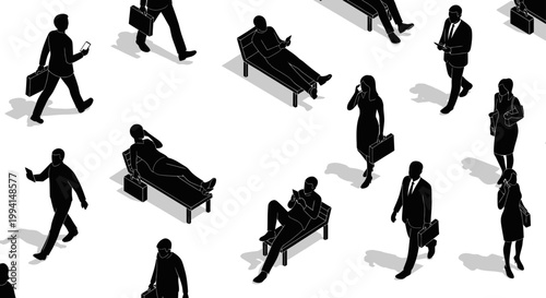 isometric black silhouettes of people walking sitting and using phones